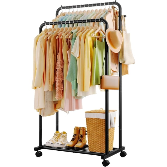 Sakugi Clothes Rack - Double Rods Clothing Rack with Mesh Shelf, Hooks & Wheels, Metal Clothing Racks for Hanging Clothes & Bags, Multifunctional Garment for Laundry, Black, 28.7"x16.5"x59.1"