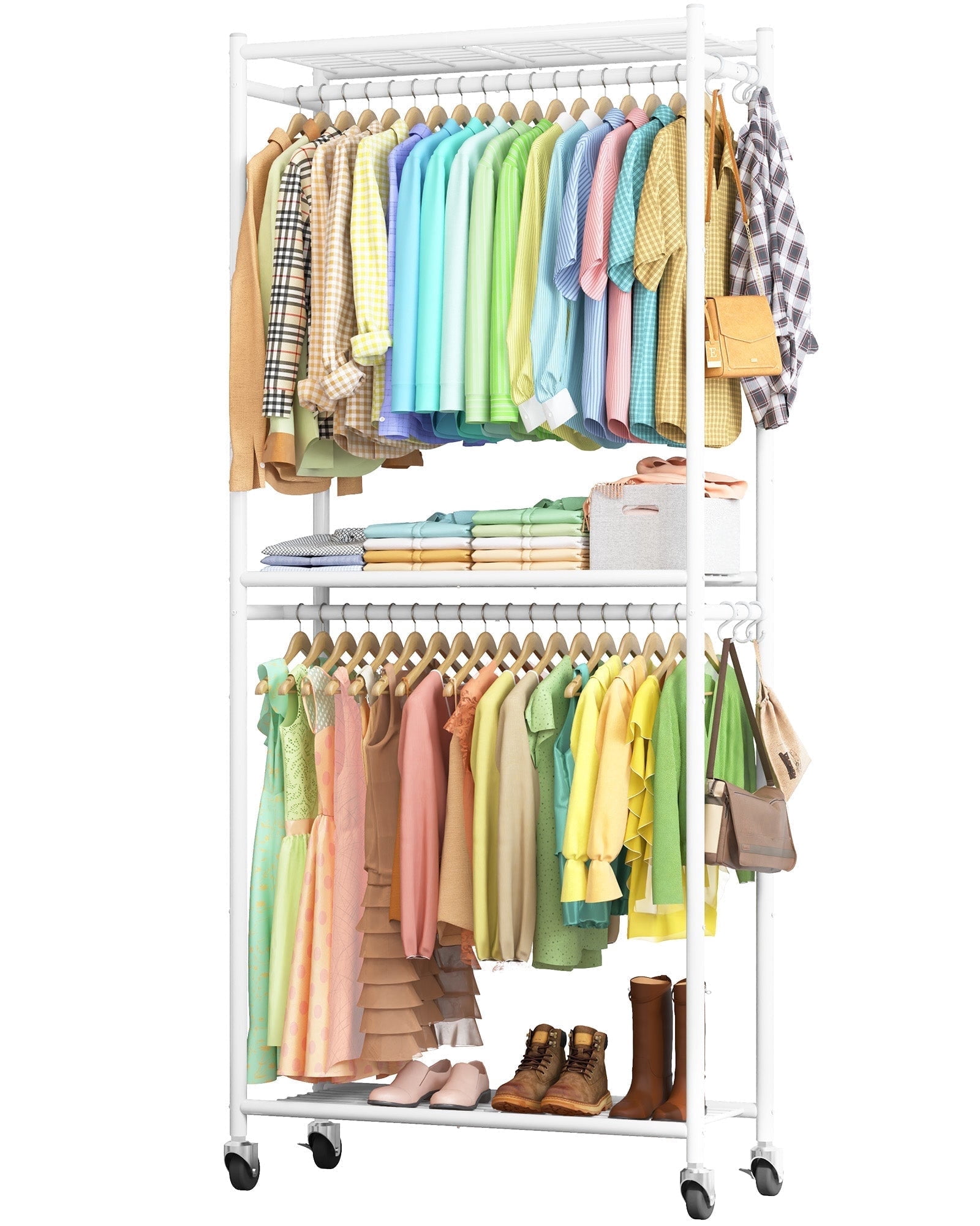 Sakugi Clothes Rack, Heavy-Duty Garment Rack with Shelves & Wheels, Freestanding Wardrobe Organizer with Hooks, Ideal for Bedroom, Laundry, or Balcony, 32.5" x 11.9" x 78.9", White