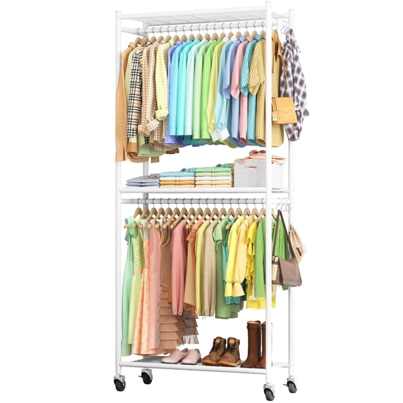 Sakugi Clothes Rack, Heavy-Duty Garment Rack with Shelves & Wheels, Freestanding Wardrobe Organizer with Hooks, Ideal for Bedroom, Laundry, or Balcony, 32.5" x 11.9" x 78.9", White
