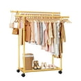 thumbnail image 1 of Sakugi Clothes Rack with Double Hanging Rods and Bottom Shelf, Rolling Metal Garment Rack for Bedroom Closet Storage, 38.5" x 16.9" x 59.1", Gold, 1 of 6
