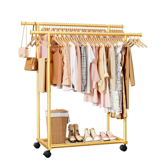 Sakugi Clothes Rack with Double Hanging Rods and Bottom Shelf, Rolling Metal Garment Rack for Bedroom Closet Storage, 38.5" x 16.9" x 58.5", Gold