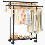 Sakugi Clothes Rack with Double Hanging Rods and Bottom Shelf, Rolling Metal Garment Rack for Bedroom Closet Storage, 38.5" x 16.9" x 58.5", Black