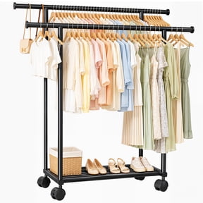 Sakugi Clothes Rack with Double Hanging Rods and Bottom Shelf, Rolling Metal Garment Rack for Bedroom Closet Storage, 38.5" x 16.9" x 58.5", Black