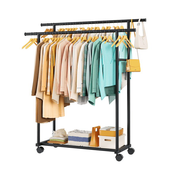 Sakugi Clothes Rack with Double Hanging Rods and Bottom Shelf, Rolling Metal Garment Rack for Bedroom Closet Storage, 38.5" x 16.9" x 59.1", Black