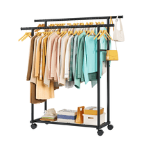 Sakugi Clothes Rack with Double Hanging Rods and Bottom Shelf, Rolling Metal Garment Rack for Bedroom Closet Storage, 38.5" x 16.9" x 59.1", Black