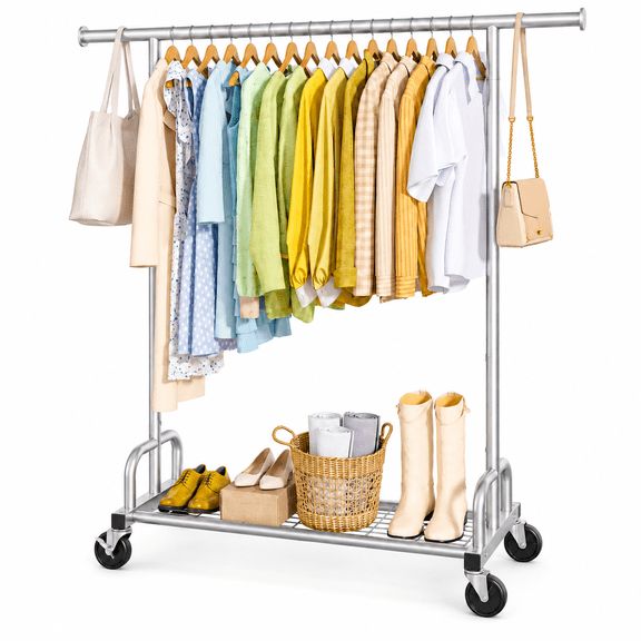 Sakugi Clothes Rack with Lockable Wheels, Large-Capacity Metal Clothing Rack for Hanging Clothes, Space-Saving Garment Organizer for Bedroom, Laundry Room, 45.6" x 16.9" x 61.7", Silver