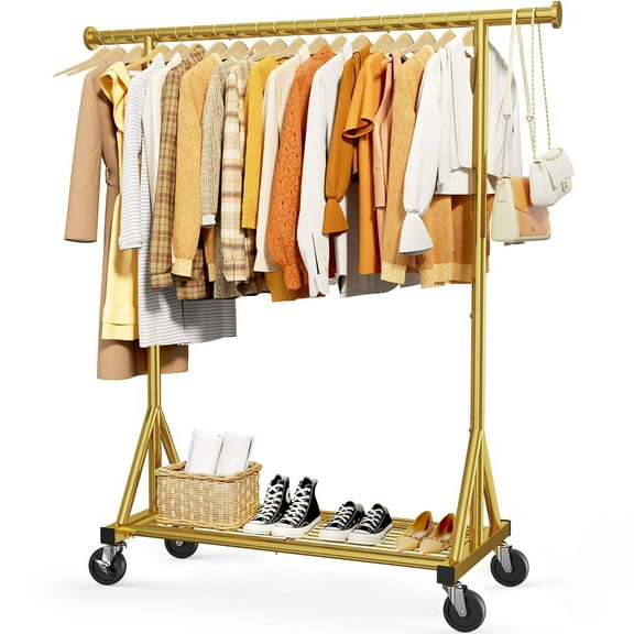 Sakugi Clothes Rack - Heavy-Duty Stainless-Steel Clothing Rack for Hanging Clothes with Mesh Shelf & Lockable Wheels, Versatile Garment Organizer with Anti-Slip Stoppers, Gold