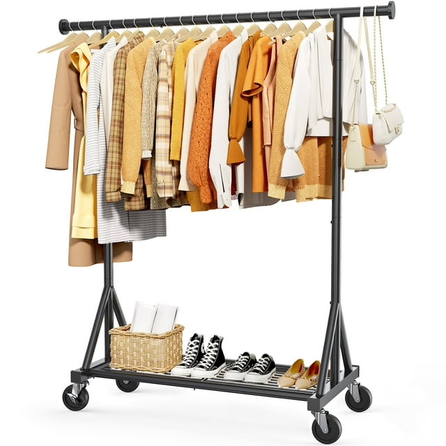 Sakugi Clothes Rack - Heavy-Duty Stainless-Steel Clothing Rack for Hanging Clothes with Mesh Shelf & Lockable Wheels, Versatile Garment Organizer with Anti-Slip Stoppers, Black