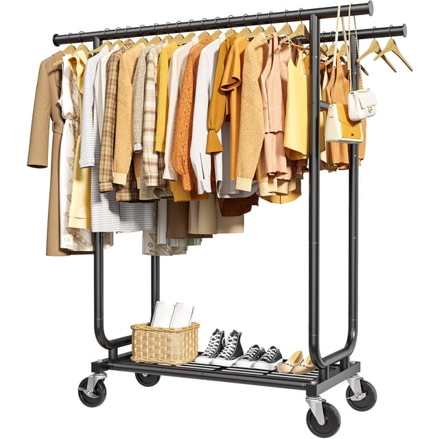 Sakugi Heavy-Duty Clothes Rack - 42.5"×16.5"×65.9" Garment Rack with 4-inch Lockable Wheels, Double-Rod Stainless Steel Clothing Racks for Hanging Clothes in Bedroom, Laundry Room,Black