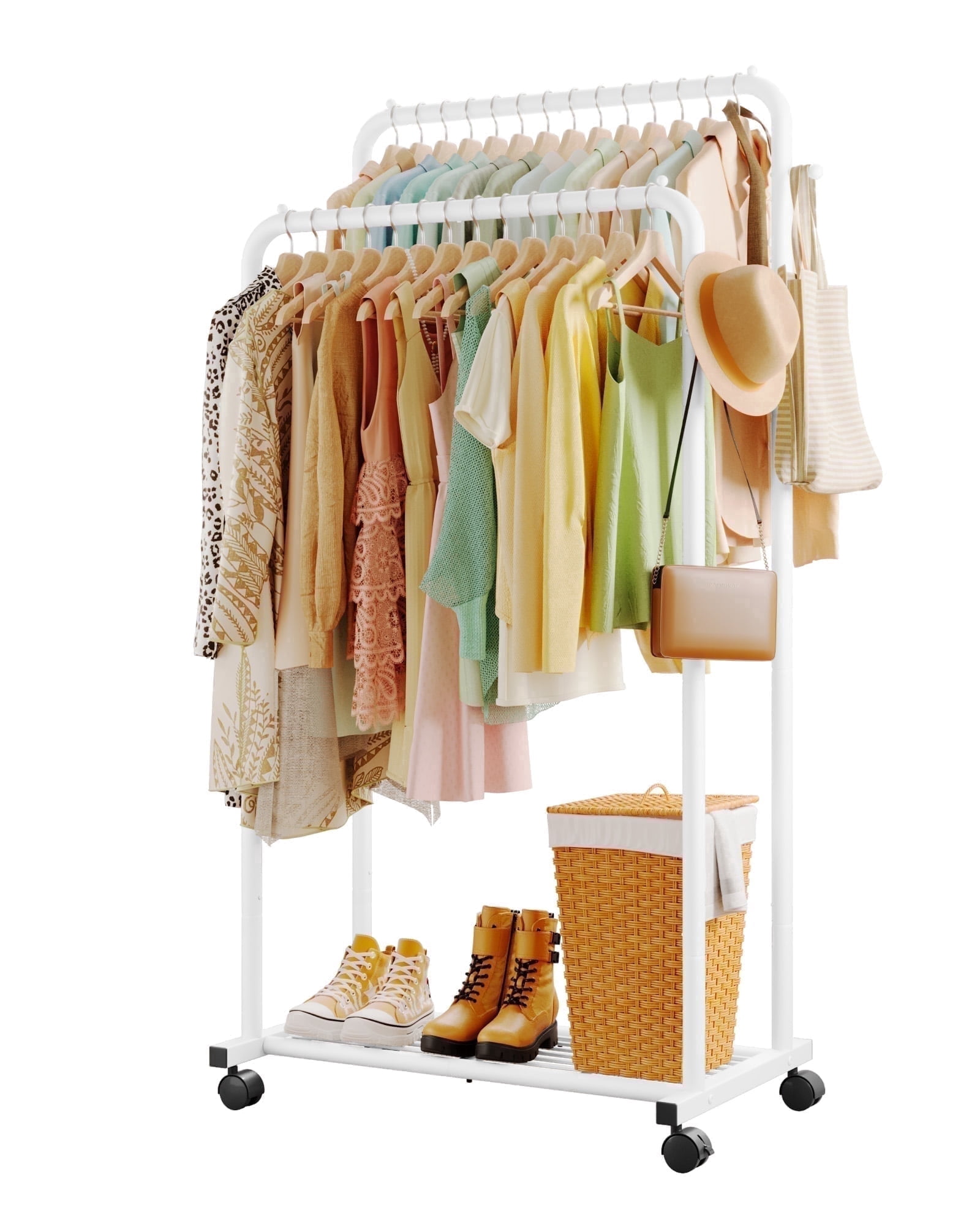 Sakugi Clothes Rack, Double-Rod Garment Rack with Hooks & Mesh Shlef ...