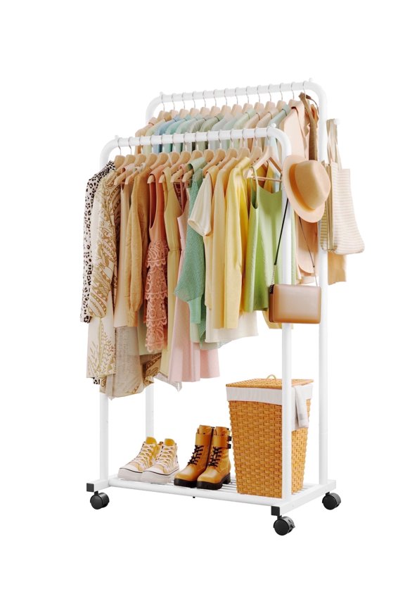 Clothes Rack, Double-Rod Garment Rack with Hooks & Mesh Shlef, Versatile Clothing Racks for Hanging Clothes, Hats, Bags, Portable Hanger for Bedroom, Laundry, 32.7"×16"×59.1", White