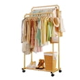 thumbnail image 1 of Sakugi Clothes Rack, Double-Rod Garment Rack with Hooks & Mesh Shlef, Versatile Clothing Racks for Hanging Clothes, Hats, Bags, Portable Hanger for Bedroom, Laundry, 32.7"×16"×59.1", Gold, 1 of 4