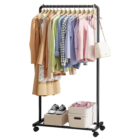 Sakugi Clothes Rack, Rolling Clothing Rack with Wheels and Storage Shelf, Garment Rack for Hanging Clothes and Storing Shoes, Black
