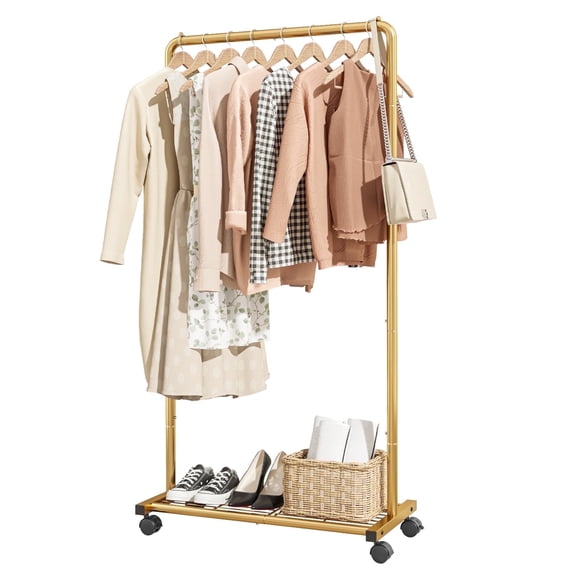 Sakugi Clothes Rack with Wheels, Clothing Racks for Hanging Clothes and Shoes, Gold