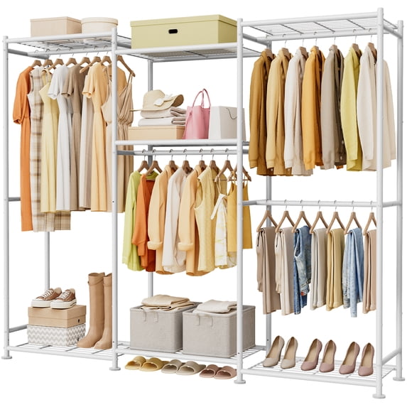 Sakugi Clothes Rack - Rustproof Steel Clothing Racks for Hanging Clothes with Leveling Feet & Wall Anchor Kit, Wardrobe Closet for Bedroom, Living Room, Laundry, 63" x 12.6" x 71.7", White