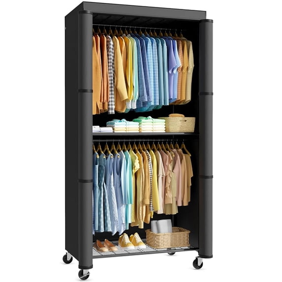 Sakugi Clothes Rack with Cover, Versatile Wardrobe Closet with Hooks, Shelves, Wheels, Clothing Rack for Hanging Clothes in Entrance, Bedroom, Laundry, 35.4" x 17.7" x 79.7", Black