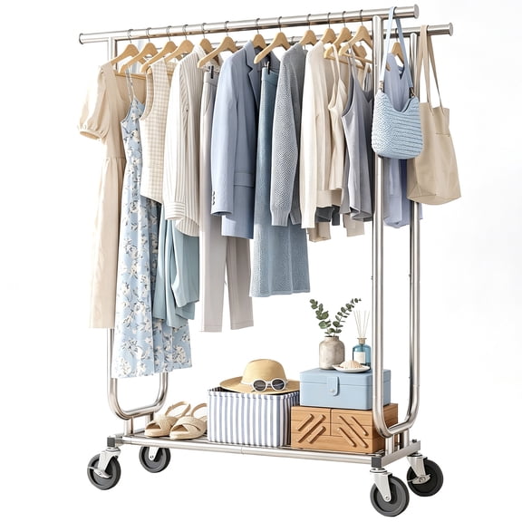 Sakugi Heavy-Duty Clothes Rack - 42.5"×16.5"×65.9" Garment Rack with 4-inch Lockable Wheels, Double-Rod Stainless Steel Clothing Racks for Hanging Clothes in Bedroom, Laundry Room,Silver