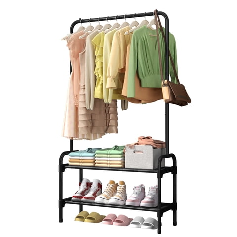 Sakugi Clothes Rack - 29" × 11.8" × 59" Clothing Rack with 2-Tier Shoe Rack and Anti-Slip Stopper, Shoe Organizer for Entryway, Bedroom, or Laundry, Black