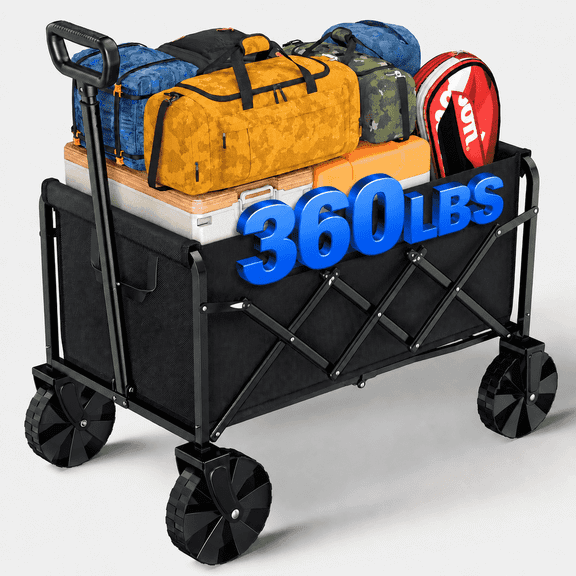 Sakugi Collapsible Wagon, 80L Capacity Heavy-Duty Wagon Cart with Foldable Structure, Shopping Cart with Wheels for Camping, Sports, 28" x 17" x 36", Black