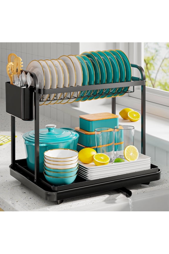 Dish Drying Rack, 2-Tier Stainless Steel Dish Racks, Dish Drainer for Kitchen Counter, Black