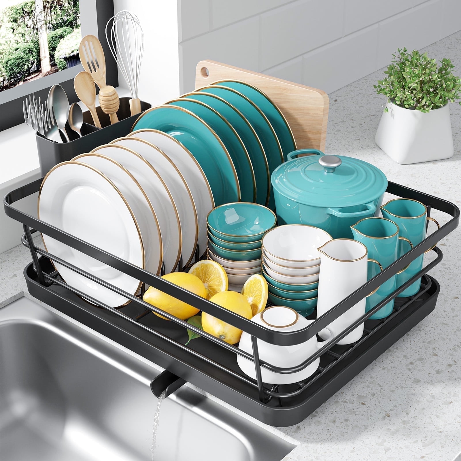 Sakugi Dish Drying Rack, Compact Dish Racks for Kitchen Counter, Black, Large