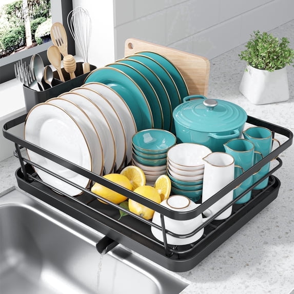 Sakugi Dish Drying Rack, Compact Dish Racks for Kitchen Counter, 15''L x 12''W x 5''H , Black