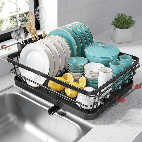 Sakugi Extendable Dish Drying Rack with Drainboard, Over Sink or Counter, Black