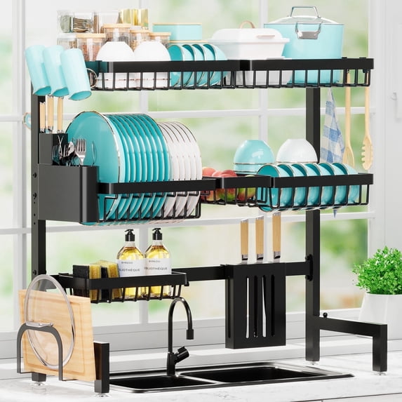 Sakugi Over The Sink Dish Drying Rack,31"-39"L x 12"W x 30.5"H Expandable Dish Drainer, Stainless Steel Dish Rack, Black, XX-Large