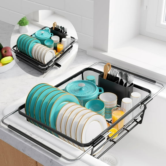 Sakugi Expandable Dish Drying Rack for Kitchen Counter, Stainless Steel Sink Organizer with Cutlery Holder, Space-Saving Dish Rack for Home and Apartment, 16" ~24"W x 12.6"D, Black