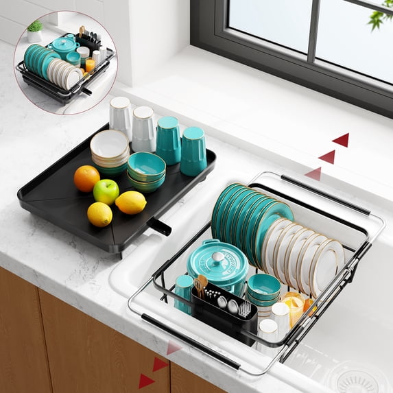 Sakugi Expandable Dish Drying Rack, Stainless Steel Sink Organizer with Cutlery Holder, Space-Saving Dish Rack for Kitchen Counter, 15.2" ~23"W x 12"D, Black