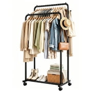 Sakugi Clothes Rack, Double-Rod Garment Rack with Hooks & Mesh Shlef, Versatile Clothing Racks for Hanging Clothes, Hats, Bags, Portable Hanger for Bedroom, Lau