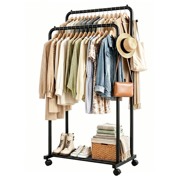 Sakugi Clothes Rack, Double-Rod Garment Rack with Hooks & Mesh Shlef, Versatile Clothing Racks for Hanging Clothes, Hats, Bags, Portable Hanger for Bedroom, Laundry, 32.7"×16"×59.1", Black