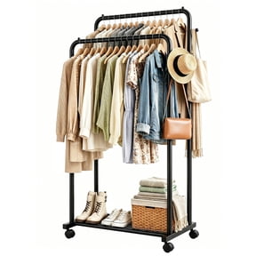 Sakugi Clothes Rack, Double-Rod Garment Rack with Hooks & Mesh Shlef, Versatile Clothing Racks for Hanging Clothes, Hats, Bags, Portable Hanger for Bedroom, Laundry, 32.7"×16"×59.1", Black