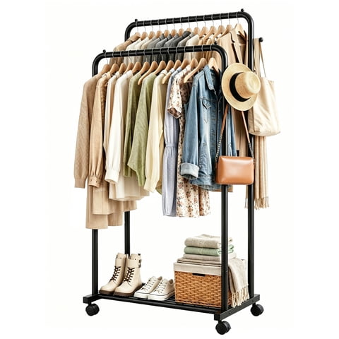 Sakugi Clothes Rack, Double-Rod Garment Rack with Hooks & Mesh Shlef, Versatile Clothing Racks for Hanging Clothes, Hats, Bags, Portable Hanger for Bedroom, Laundry, 32.7"×16"×59.1", Black