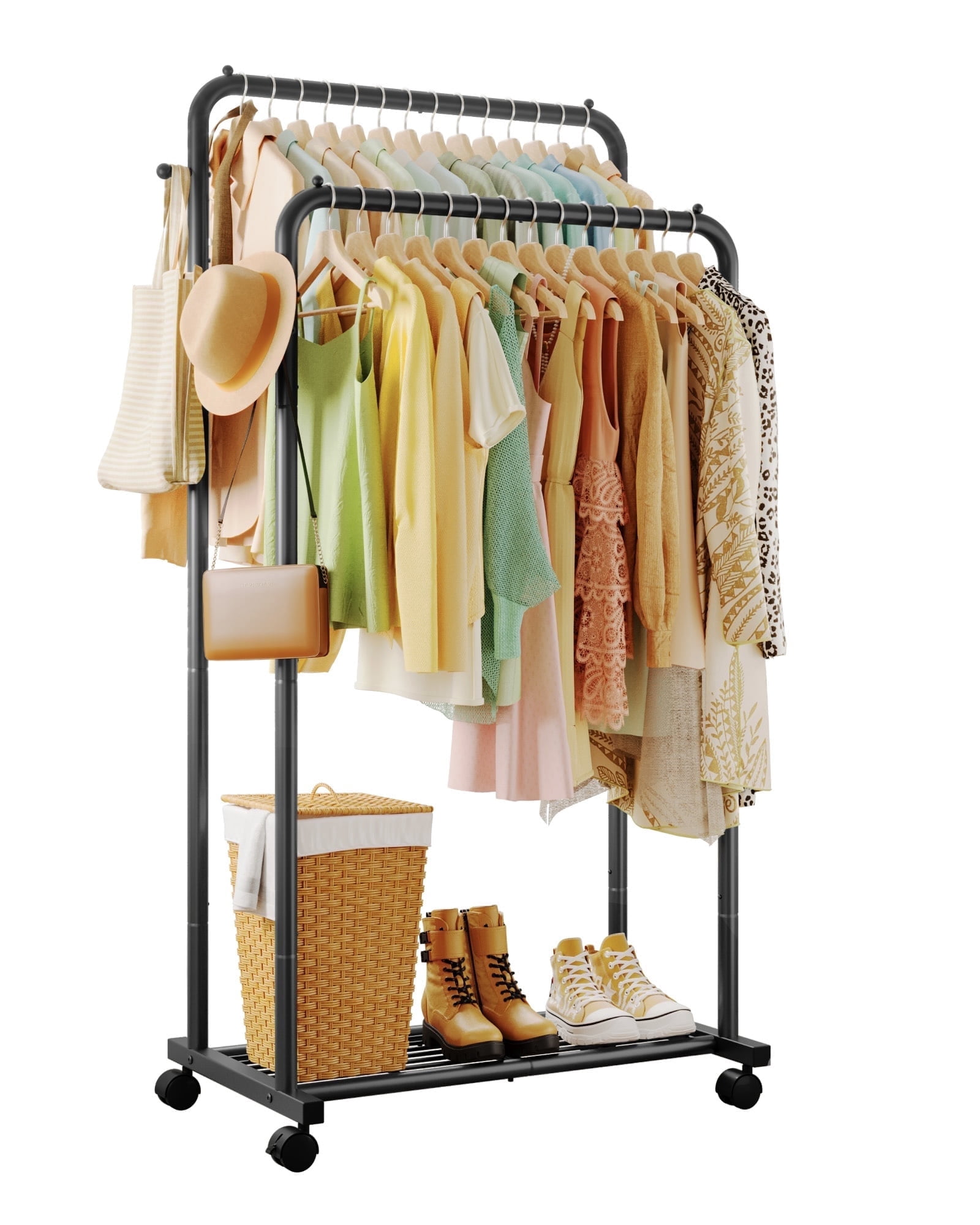 Sakugi Clothes Rack, Double-Rod Garment Rack with Hooks & Mesh Shlef ...