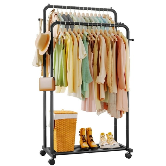 Sakugi Clothes Rack, Double-Rod Garment Rack with Hooks & Mesh Shlef, Versatile Clothing Racks for Hanging Clothes, Hats, Bags, Portable Hanger for Bedroom, Laundry, 32.7"×16.5"×59.1", Black