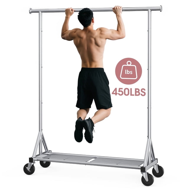 Sakugi Clothes Rack - Heavy-Duty Stainless-Steel Clothing Rack for Hanging Clothes with Mesh Shelf & Lockable Wheels, Versatile Garment Organizer with Anti-Slip Stoppers, Silver