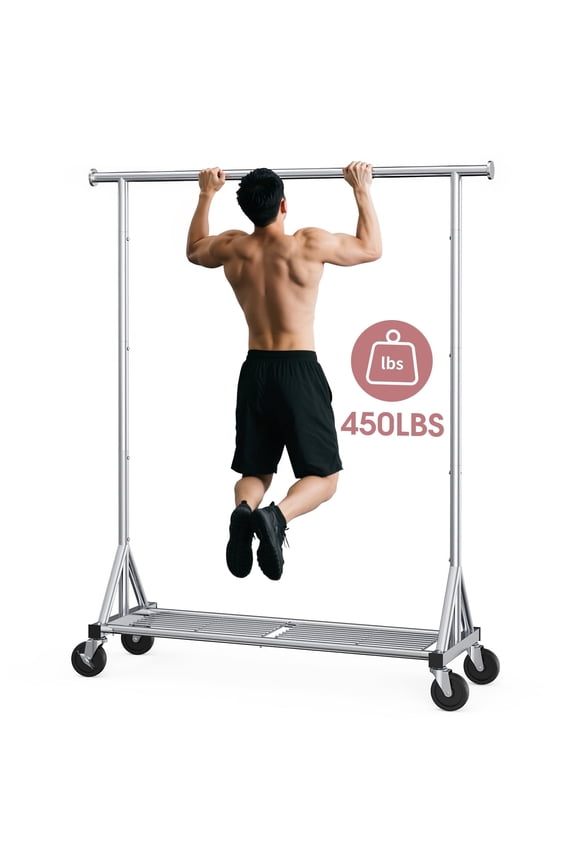 Clothes Rack - Heavy-Duty Stainless-Steel Clothing Rack for Hanging Clothes with Mesh Shelf & Lockable Wheels, Versatile Garment Organizer with Anti-Slip Stoppers, Silver