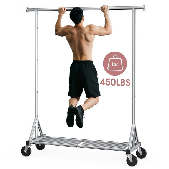 Sakugi Clothes Rack - Heavy-Duty Stainless-Steel Clothing Rack for Hanging Clothes with Mesh Shelf & Lockable Wheels, Versatile Garment Organizer with Anti-Slip Stoppers, Silver