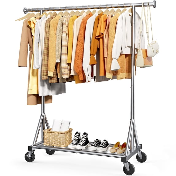 Sakugi Heavy Duty Stainless Steel Rolling Clothes Rack with Mesh Shelf, Lockable Wheels & Anti-Slip Stoppers, Large Capacity Clothing Organizer for Bedroom, Laundry, 42.5"x16.5"x65.9", Silver