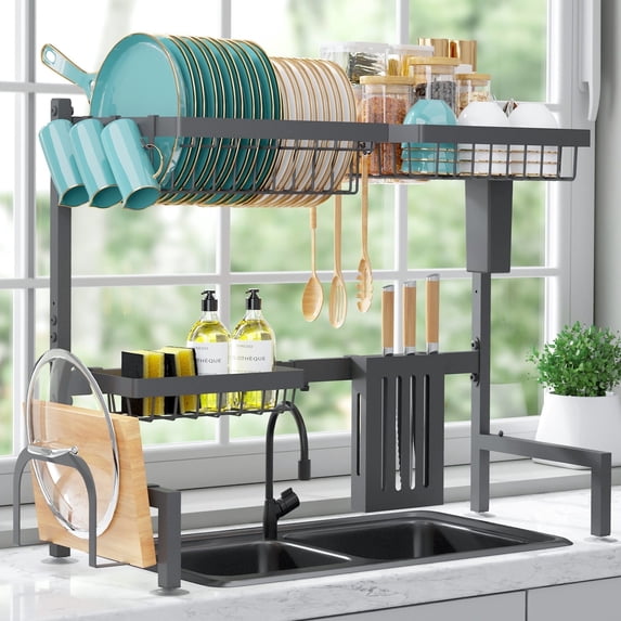 Sakugi Over The Sink Dish Drying Rack, 30" -33.9" L x 11" W x 21" H Expandable Dish Drainer, Stainless Steel Dish Rack, Gray