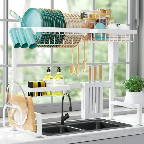 Sakugi Over The Sink Dish Drying Rack, 30" -33.9" L x 11" W x 21.5" H Expandable Dish Drainer, Stainless Steel Dish Rack, White