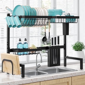 Sakugi Over The Sink Dish Drying Rack, 30" -33.9" L x 11" W x 21" H Expandable Dish Drainer, Stainless Steel Dish Rack, Black