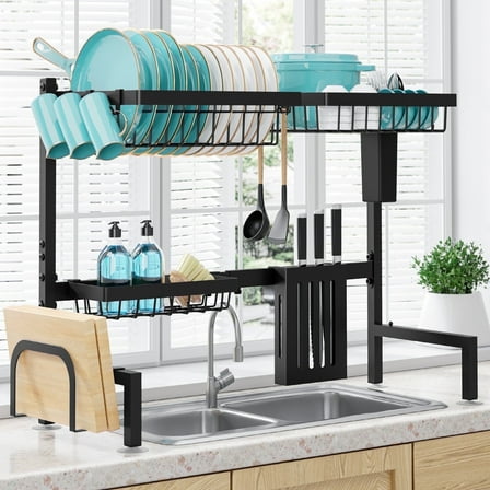 Sakugi Over The Sink Dish Drying Rack, 30" -33.9" L x 11" W x 21.5" H Expandable Dish Drainer, Stainless Steel Dish Rack, Black