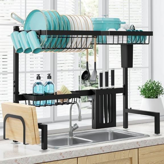 Sakugi Over The Sink Dish Drying Rack, 30" -33.9" L x 11" W x 21.5" H Expandable Dish Drainer, Stainless Steel Dish Rack, Black