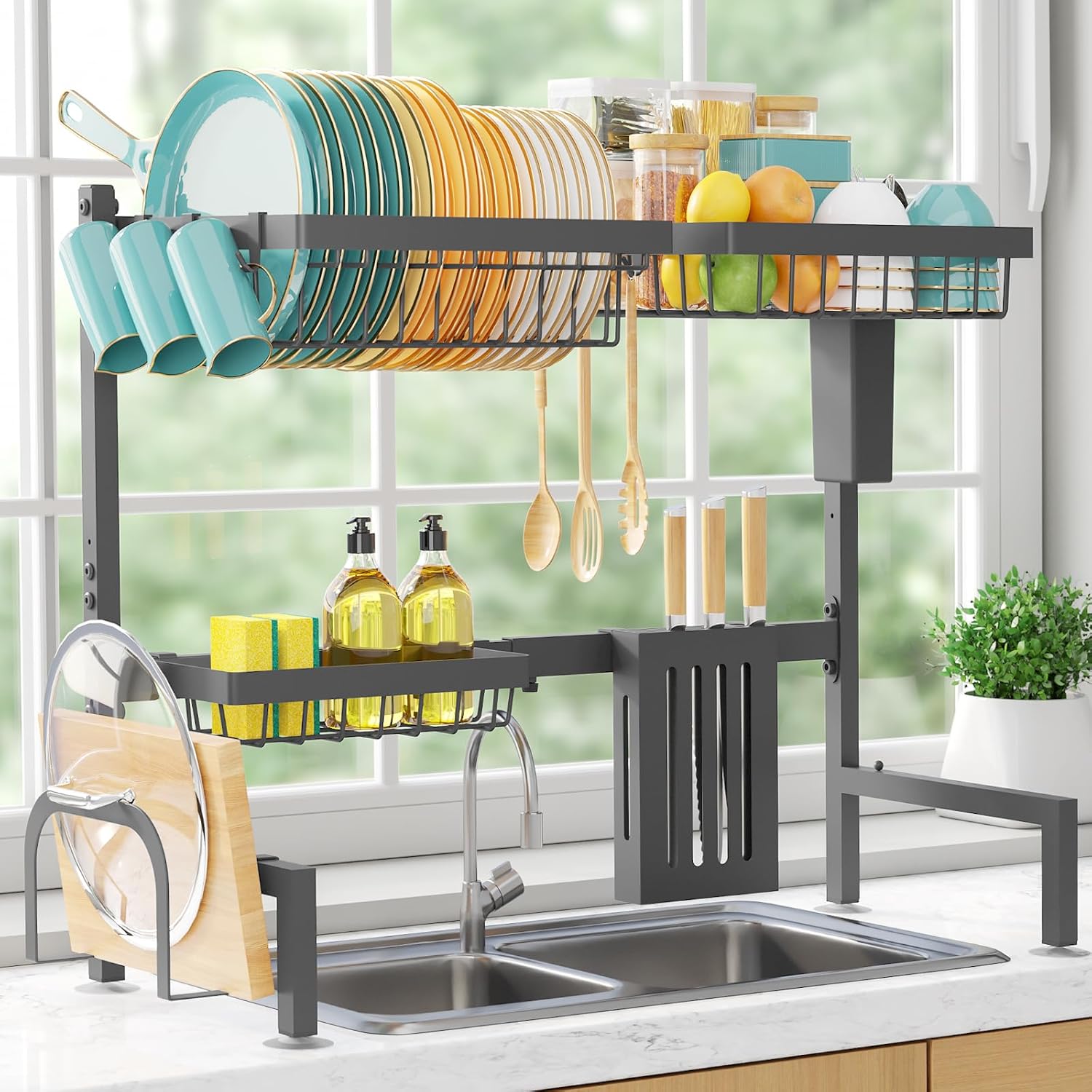 Over The Sink Dish Drying Rack - Adjustable Capacity Stainless Steel Drainer with Cutlery & Utensil Holders, Kitchen Storage & Organization