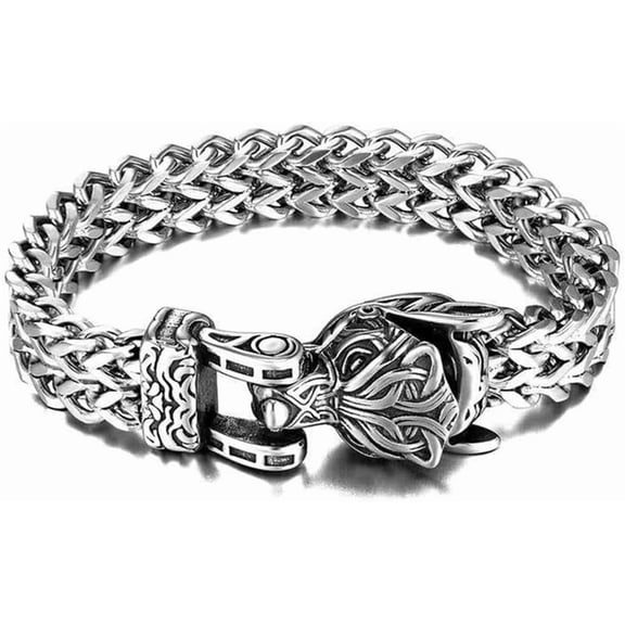 Sakuo Viking Wolf Head Bracelet, Mens Stainless Steel Heavy Chain Curb Bracelet