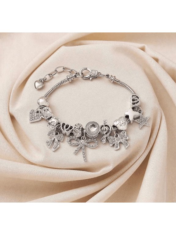 Women & Girls SilverTone Charm Bracelet, Adjustable ExtensionChain Y2K Stackable with Star Bow Heart Crystal Charms
