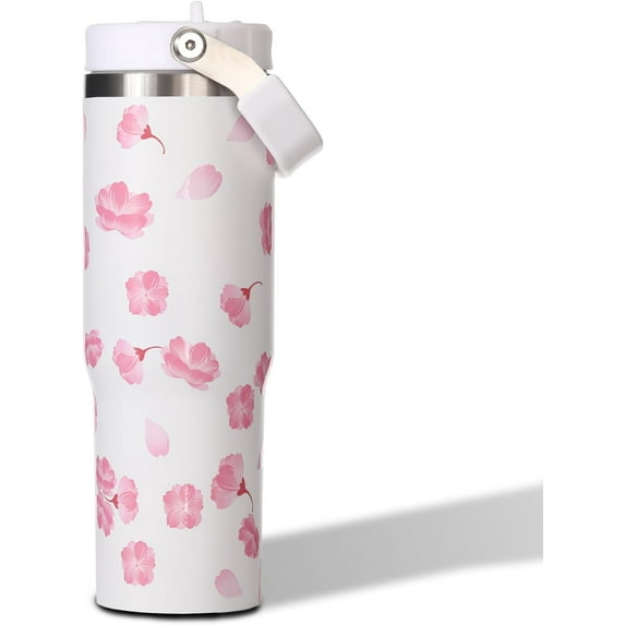 Sakura 30 oz Tumbler with Flip Straw - Insulated Cherry Blossom Water Bottle with Handle - Stainless Steel Cup with Lid for Home - Unique Birthday Gift Idea - Hand Wash Only