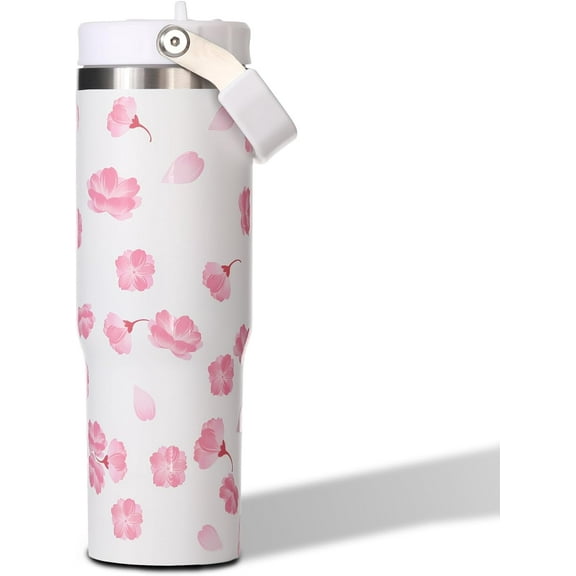 Sakura 30 oz Tumbler with Flip Straw - Insulated Cherry Blossom Water Bottle with Handle - Stainless Steel Cup with Lid for Home - Unique Birthday Gift Idea - Hand Wash Only